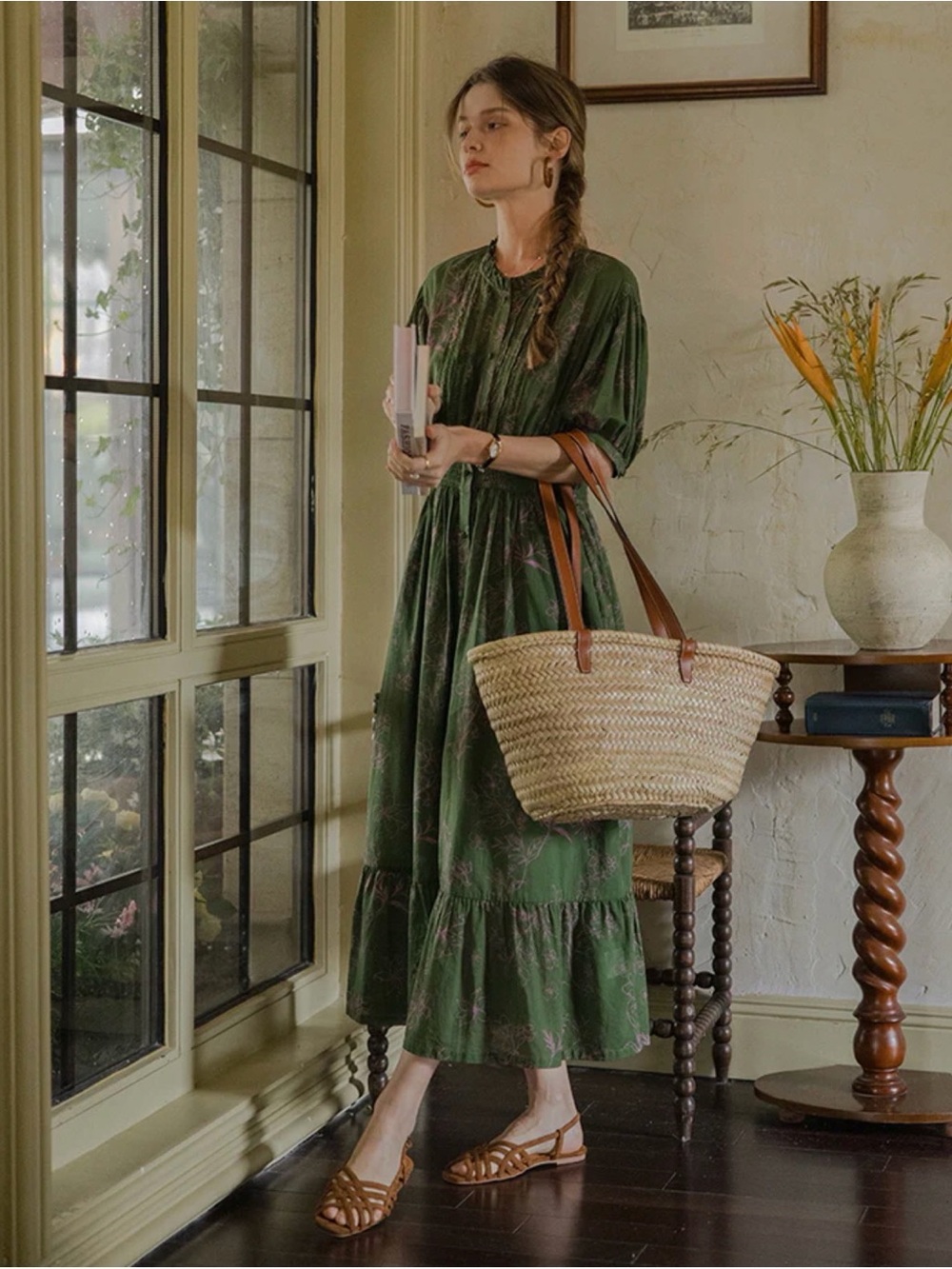 Green Floral Button-Front CottageCore Midi Dress with Smocked Waist. New W Tags - Picture 13 of 16